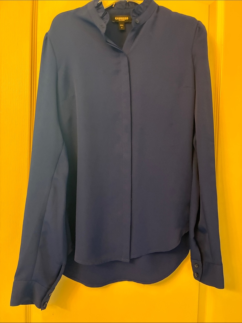 Express Navy Ruffle-Neck Hidden Placket Long Sleeve Blouse